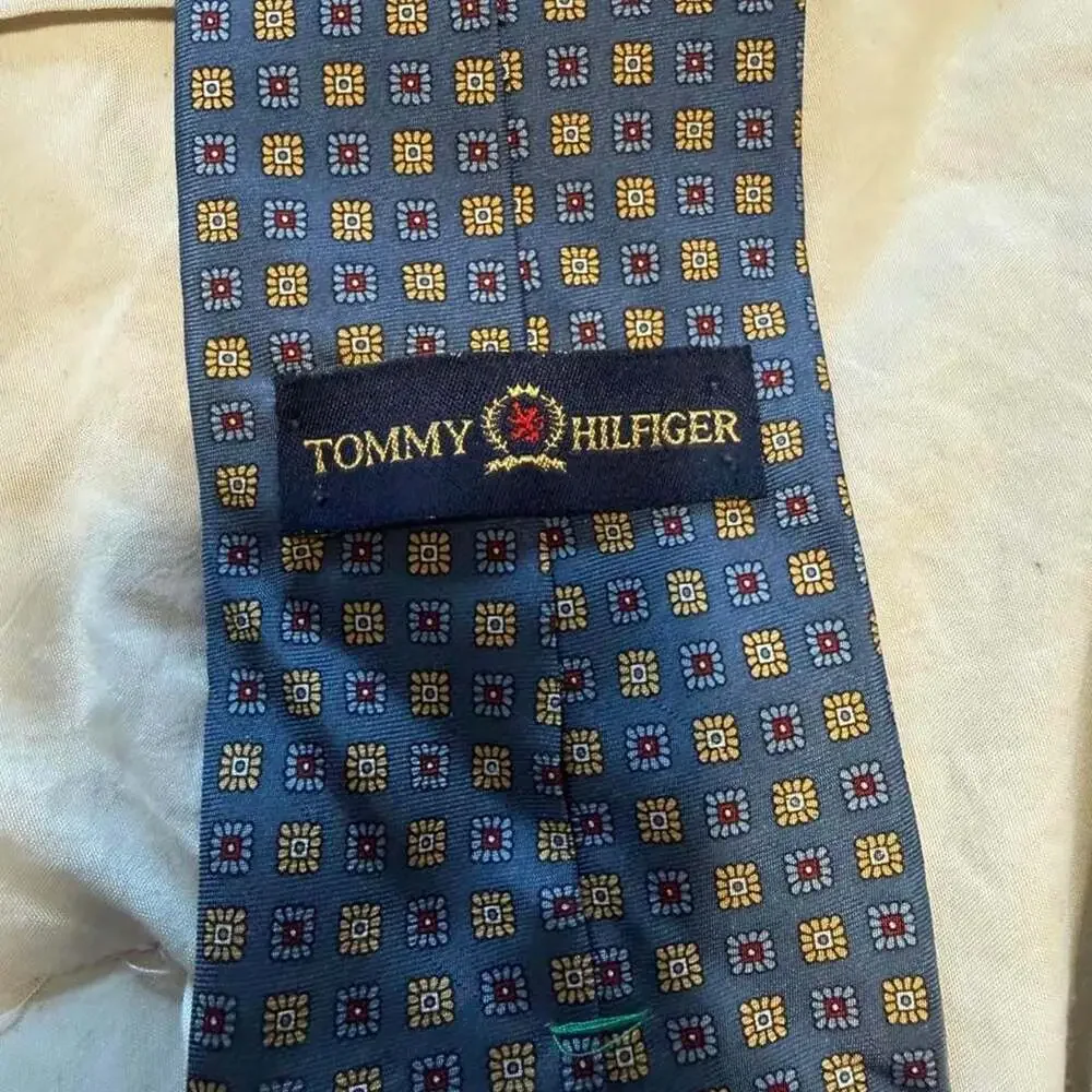 Vintage Tommy Hilfiger Blue Silk Necktie Geometric Grid Pattern